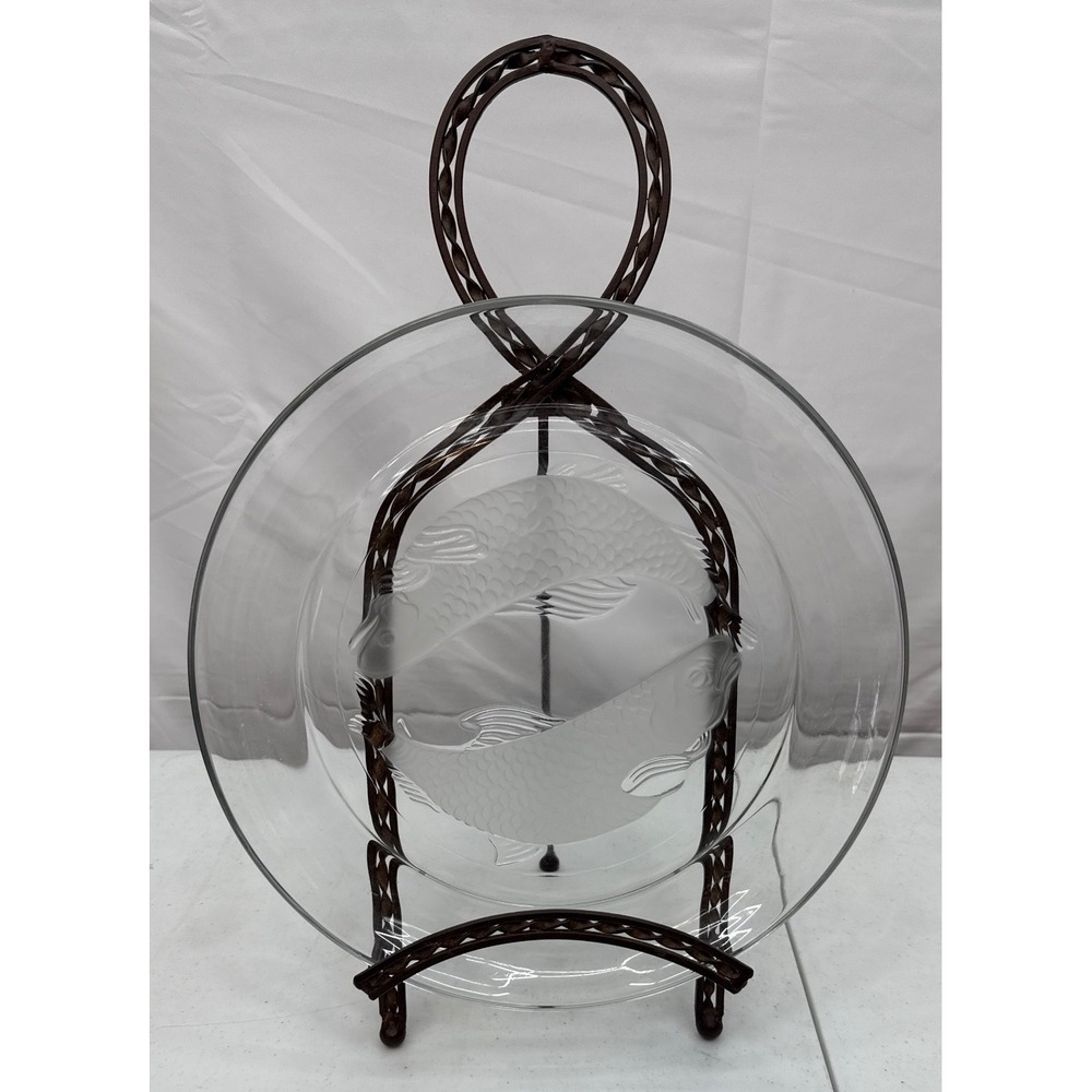 Vintage Frosted Glass Koi Fish 13" Round Serving Tray Platter Stand Not Included